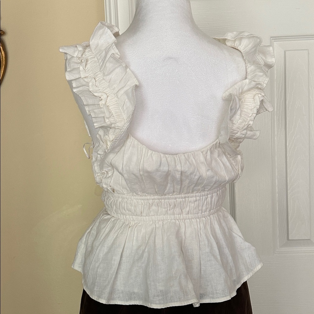Abercrombie&Fitch Linen Blend Sleeveless Blouse Babydoll Milkmaid Ruffles FLAW - Picture 3 of 8